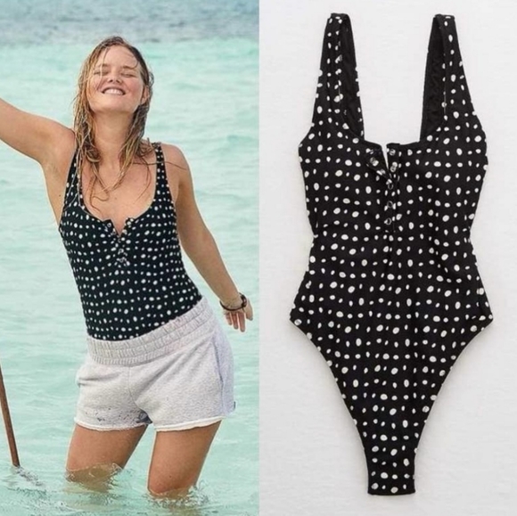aerie Other - AERIE Henley Black Spotted Polka-dot One Piece Swimsuit
